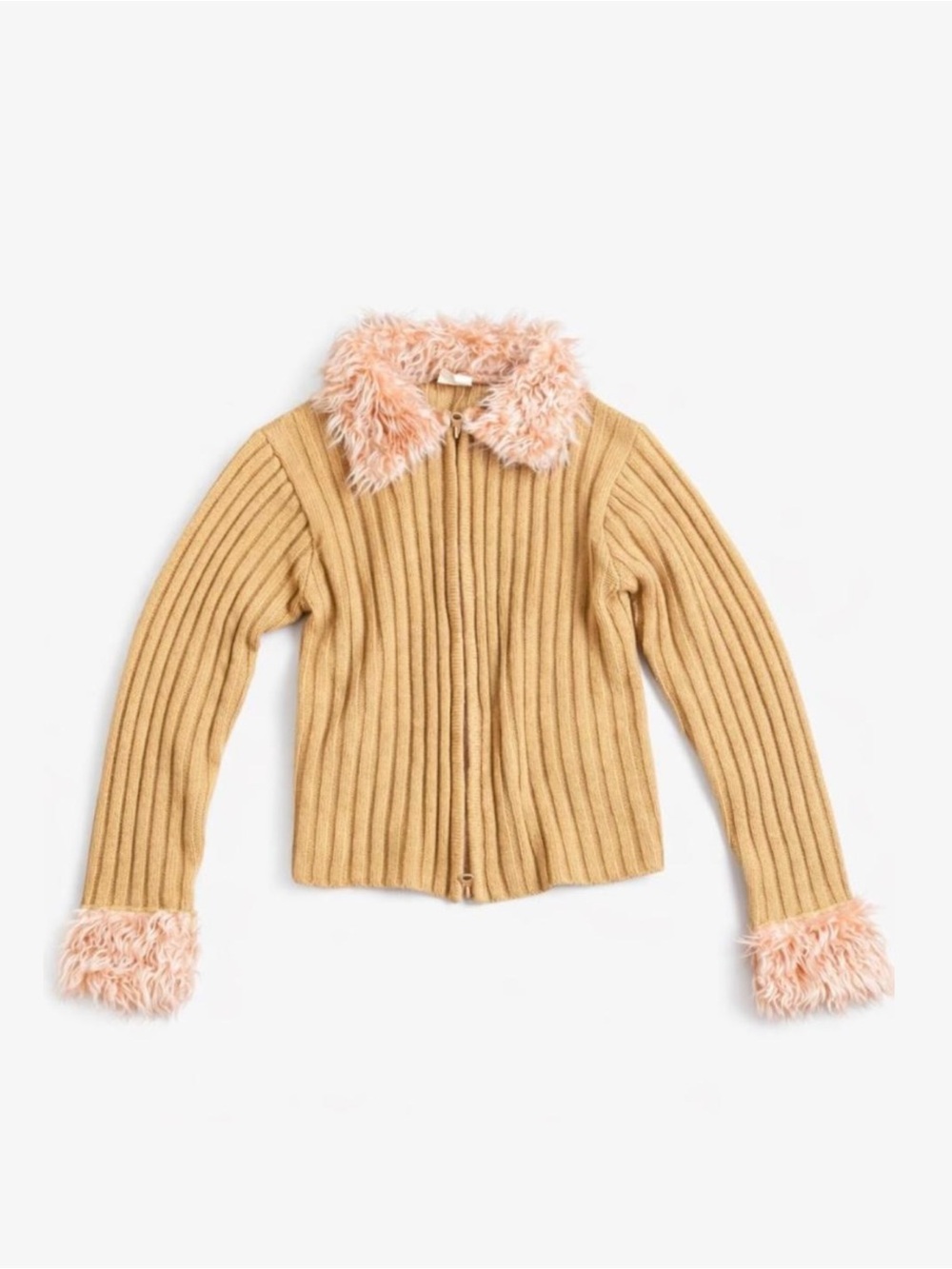 Source Unknown Ribbed Zip Jacket with Faux-Fur Collar & Cuffs - Tan & Light Pink